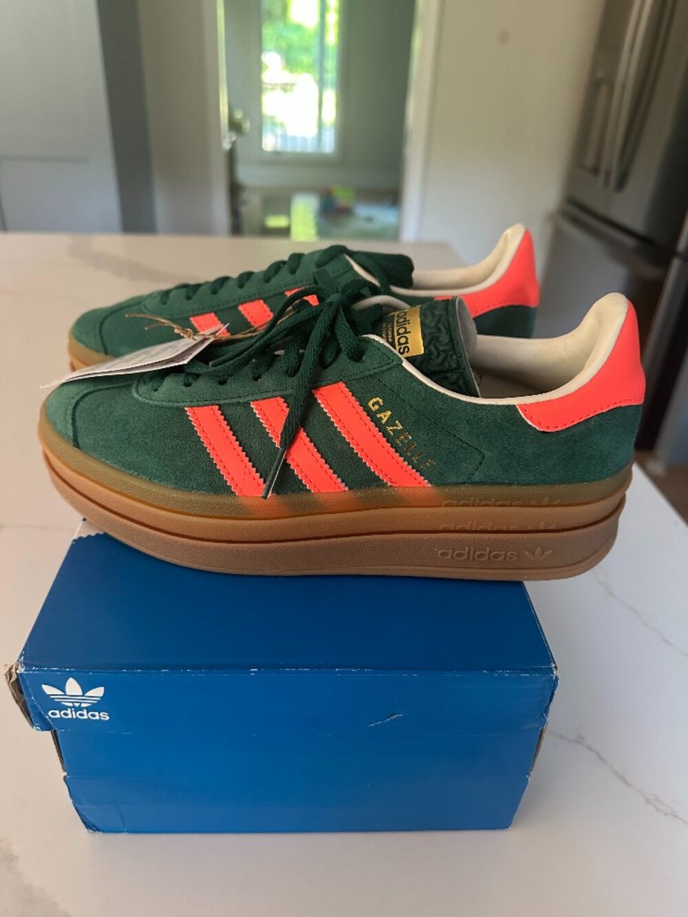 Adidas Gazelle Bold J Green Pink Gum Platform Sneakers Youth 5.5 / Women's 6.5